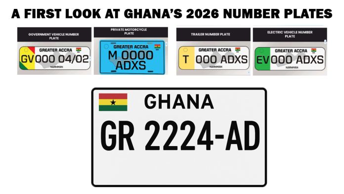 New Ghana DVLA vehicle number plate 2026 design sample with regional and zonal code
